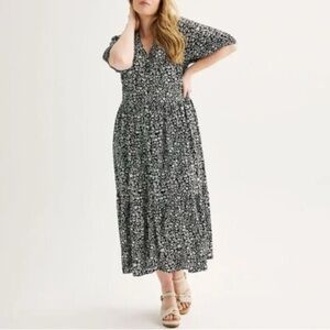 Sonoma Womens PETITE PXXL Black White Floral Button Front Linen Blend Midi Dress